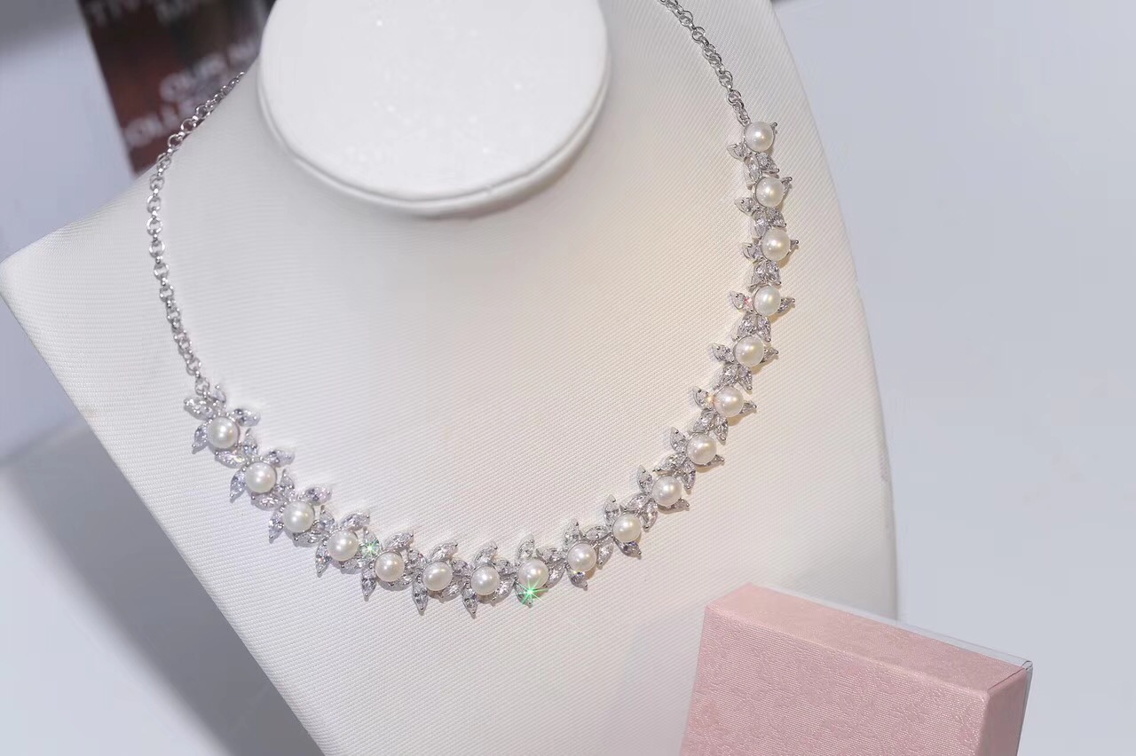 Fashion- Silver Adjustable Slide Marquise Cut Clear Cubic Zirconia Leaf Tennis Choker Necklaces With Natural Pearl For Women Wedding