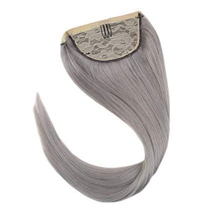 Fashion grey human hair weave ponytail hair piece straight wavy wraps clip in gray afro hairpiece 100g 120g