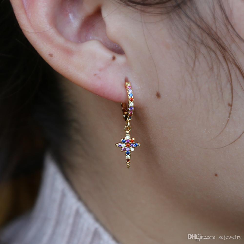 gold color rainbow cubic zirconia CZ cross snowflake hoop earrings 2018 trendy fashion women Gift party Classic earring jewelry
