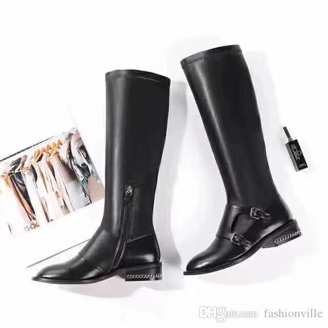 2019112603 40 BLACK STRETCH DOUBLE BUCKLE KNEE HIGH BOOTS, Black/ask size first