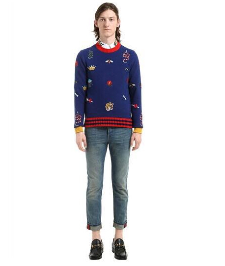 Fashion-Autumn Men's Sweater Bee Tiger Snake Pattern Embroidery Cashmere Material Fashion Sweaters Dark Gray And Blue Two Colors