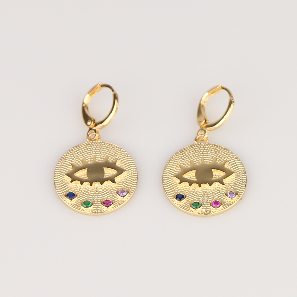 Gold plated round coin drop earring with rainbow cz evil eye engraved fashion women jewelry earrings
