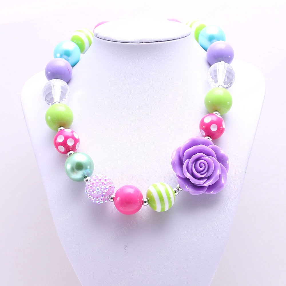 Kids Chunky Beads Necklace Cute Purple Big Flower Girls Chunky Bubblegum Necklace For Party Gift Jewelry Handmade