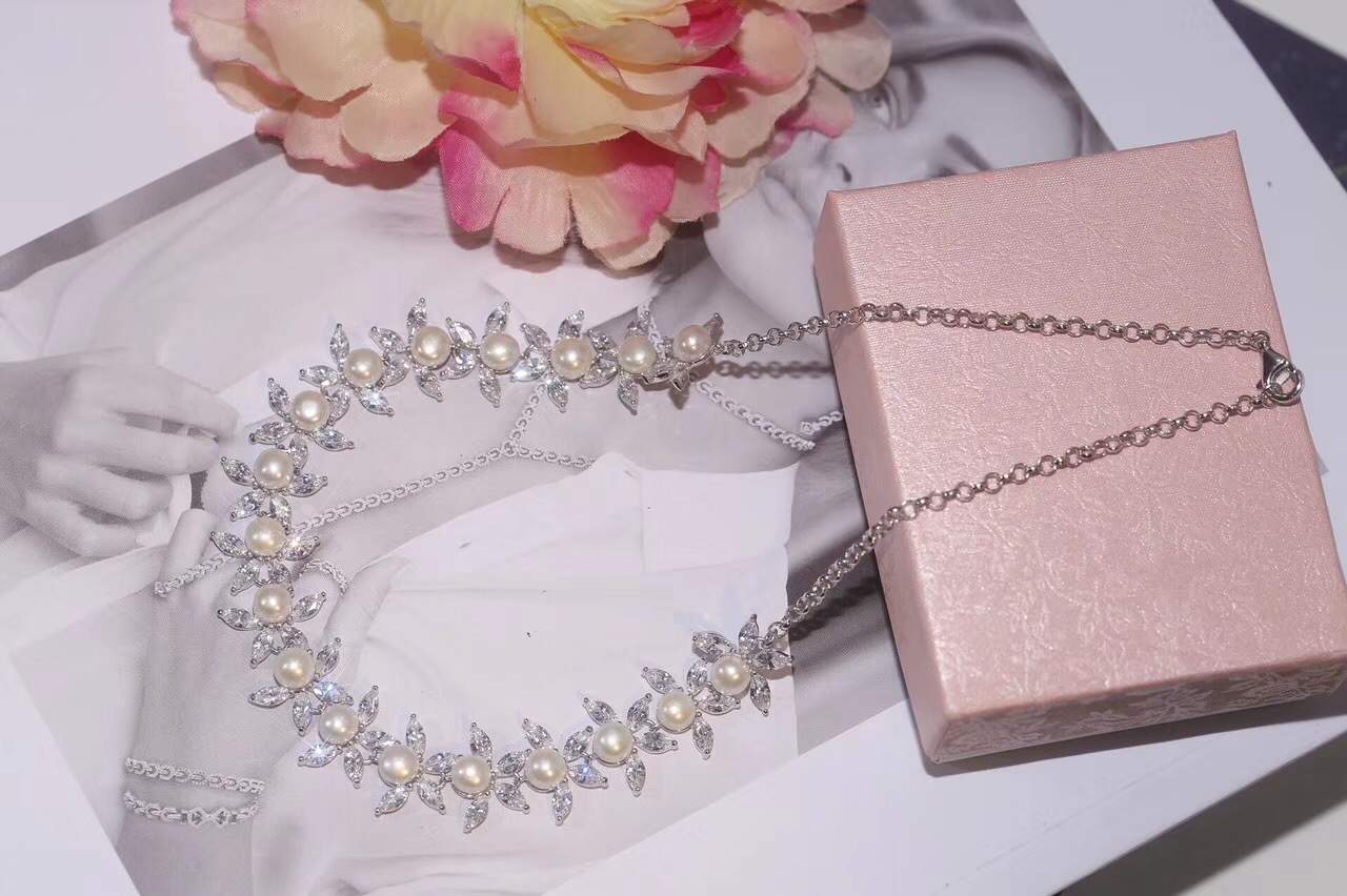 Fashion- Silver Adjustable Slide Marquise Cut Clear Cubic Zirconia Leaf Tennis Choker Necklaces With Natural Pearl For Women Wedding
