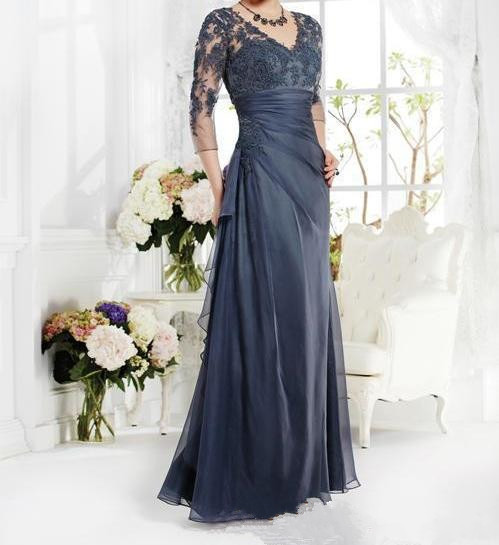 Vintage Navy Blue Mother Of The Bride Groom Dress 3/4 Sleeves Appliques Lace V Neck Long Custom Made Evening Party Prom Gowns