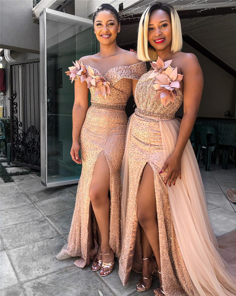 Rose Gold Sequined Mermaid African Bridesmaids Dresses 2020 Mix Style Plus Size Country Beach Maid Of Honors High Split vestidos de madrinha