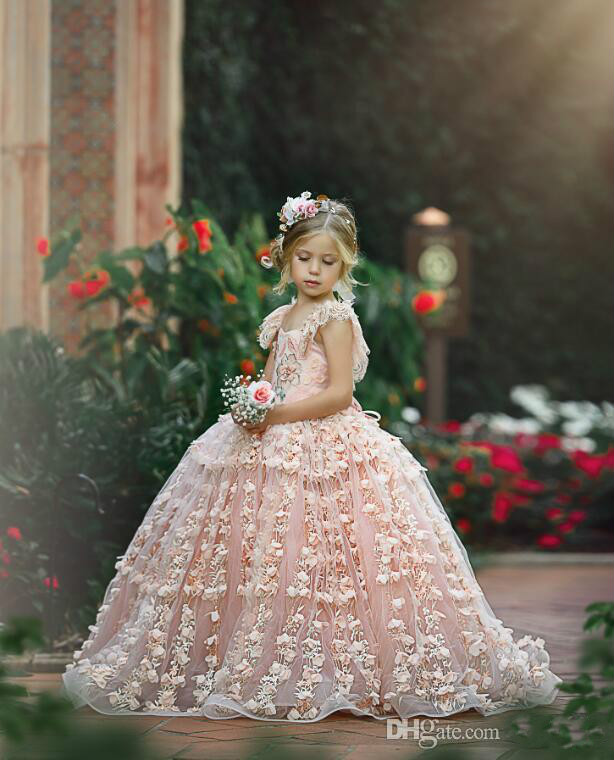 2020 Luxury Floral Ball Gown Flower Girl Dresses Jewel Neck Ruffle Beaded Hand Made Flower Girl Pageant Gowns Custom Made Birthday Gown