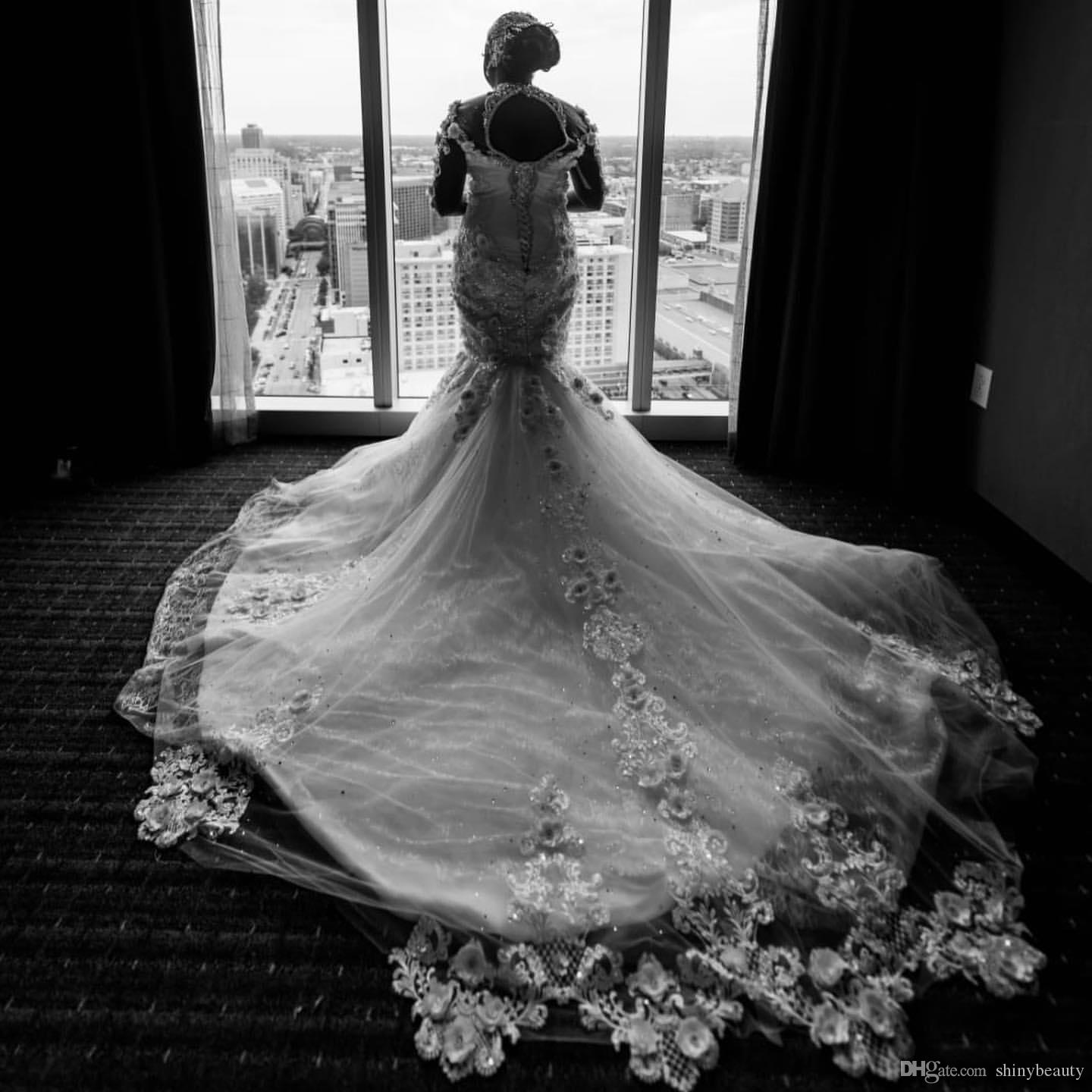 Aso Ebi Arabic Plus Size Urious Mermaid Dresses Lace Beaded Crystals Sheer Neck Wedding Dress Bridal Gowns Vestidos De Noiva