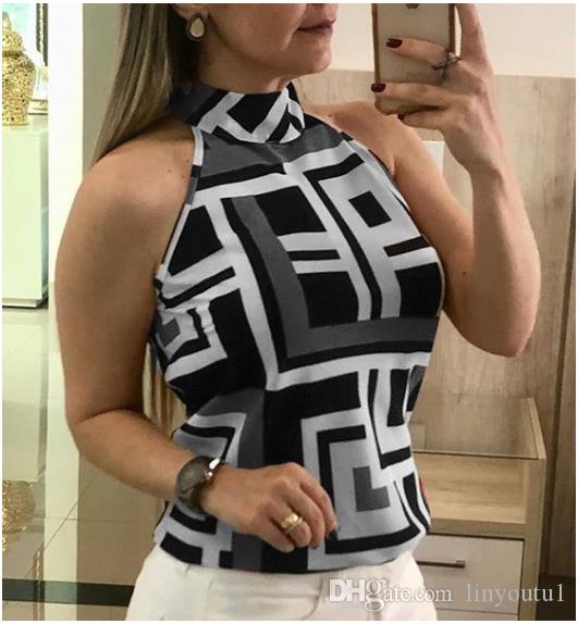 2020 Men's Fashion Summer Sexy Sleeveless Neck Stitching Printed Chiffon T-shirt Top for Women crop top