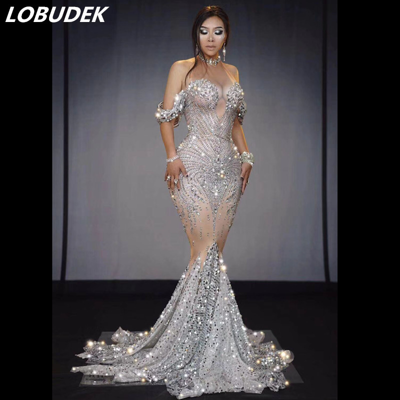 Big Rhinestones Silver Sequins Tail-Dress Women Prom Birthday Celebration Crystal Long Dress Evening Stage Singer Dancer Dress, White;black
Big Rhinestones Silver Sequins Tail-Dress Women Prom Birthday Celebration Crystal Long Dress Evening Stage Singer Dancer Dress, White;black