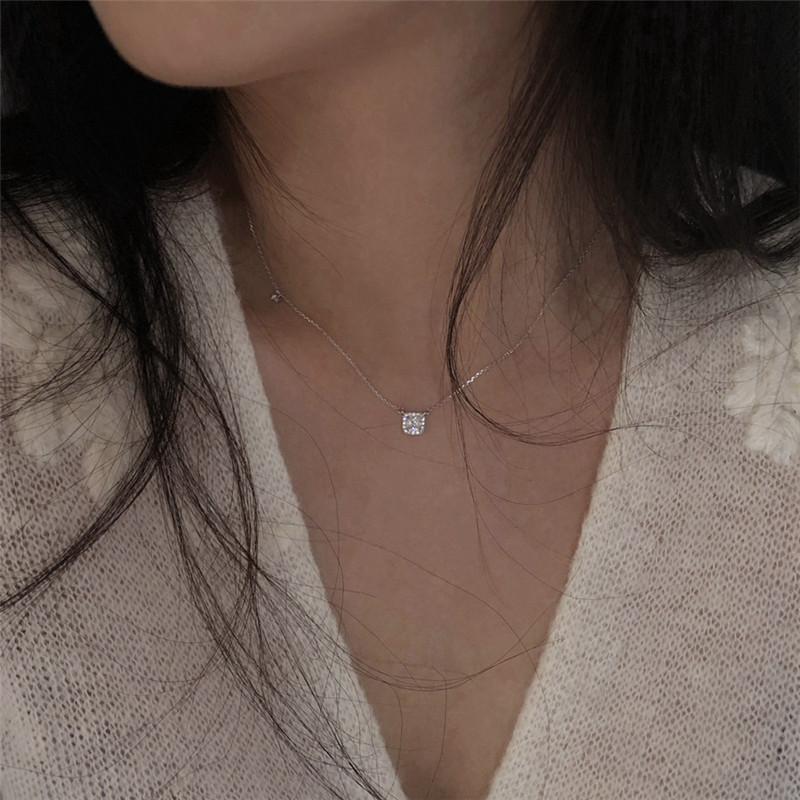 New Simple 925 Sterling Silver Necklaces&Pendants Authentic Silver White CZ Zircon Square Pendant Necklace For Women