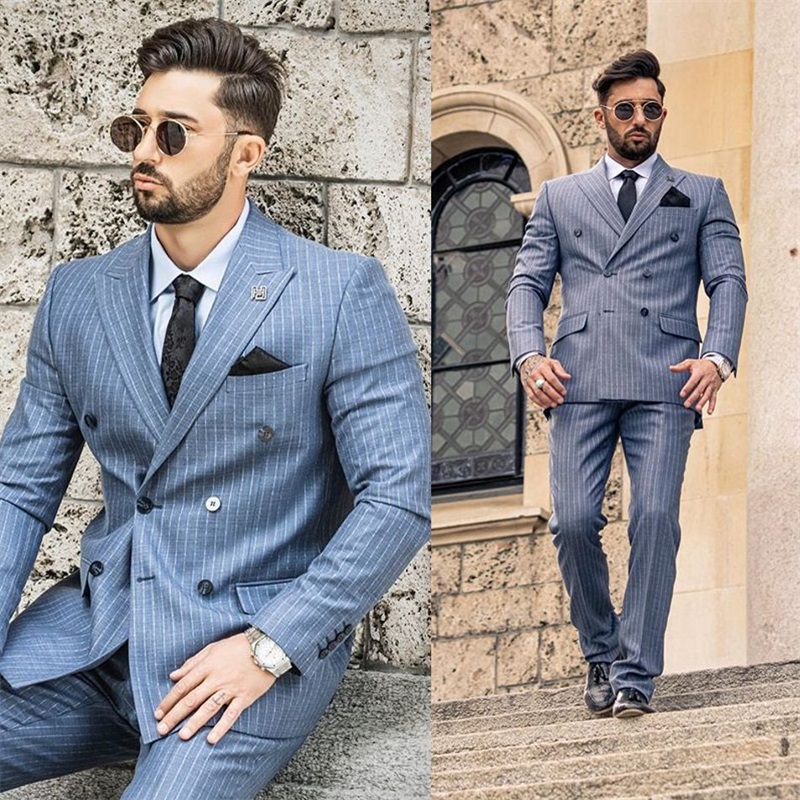 twopiece blue handsome bridegroom blazer notched lapel double breasted gentlemen formal men suits stripe custom made wedding tuxedo