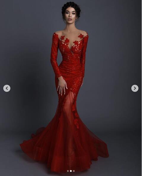 Red Lace Applique Flower Evening Pageant Dresses with Long Sleeve 2020 Sheer O-neck Illusion Back Trumpet Occasion Prom Dress