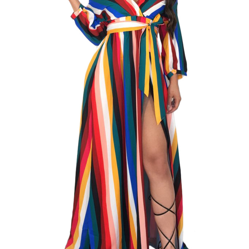 Korean Dress Clothing Boho Dresses Chic Beach Wear Womens Long Maxi Bohemian Style Bodycon Color Stripe Printed Sexy Solid