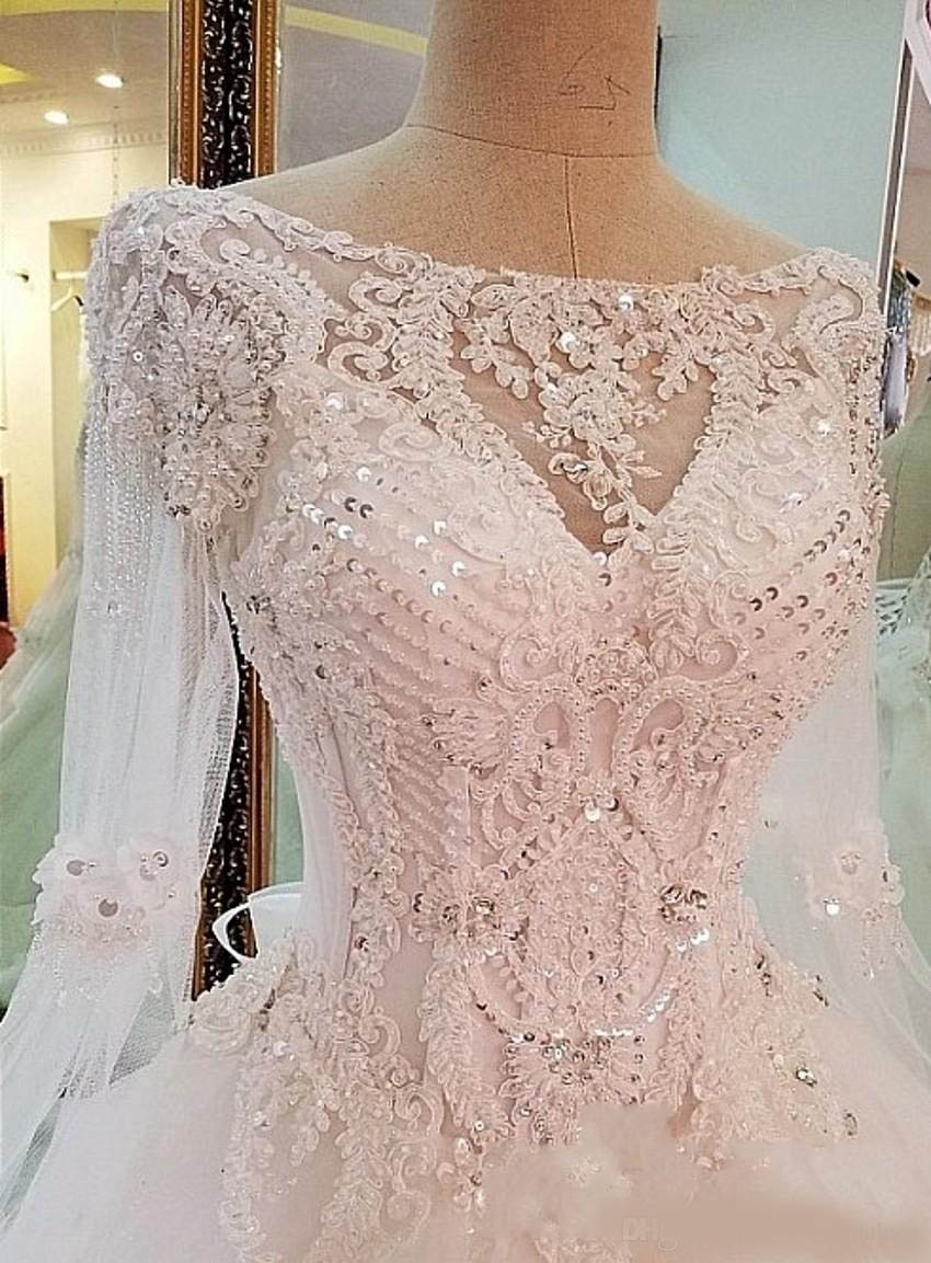 Luxurious Scoop Neck Long Sleeve A-line Wedding Dresses Appliques Beaded Lace Up Back Bridal Wedding Gowns Robe De Mariage Bridal Dresses