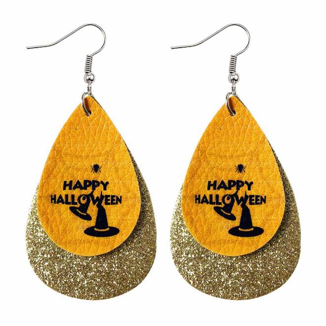 Halloween double-layer leather earrings skull sequins drop-shaped PU leather earrings GD351