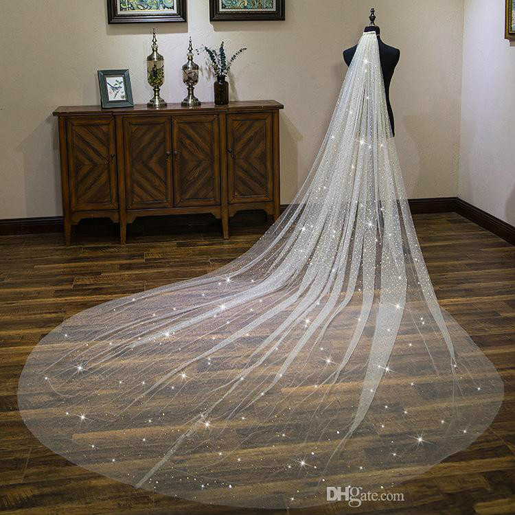 Shiny Wedding Veils Seqins Beaded Single Layer Major Beading 3M Bridal Veil Custom Made Long Head Dresses