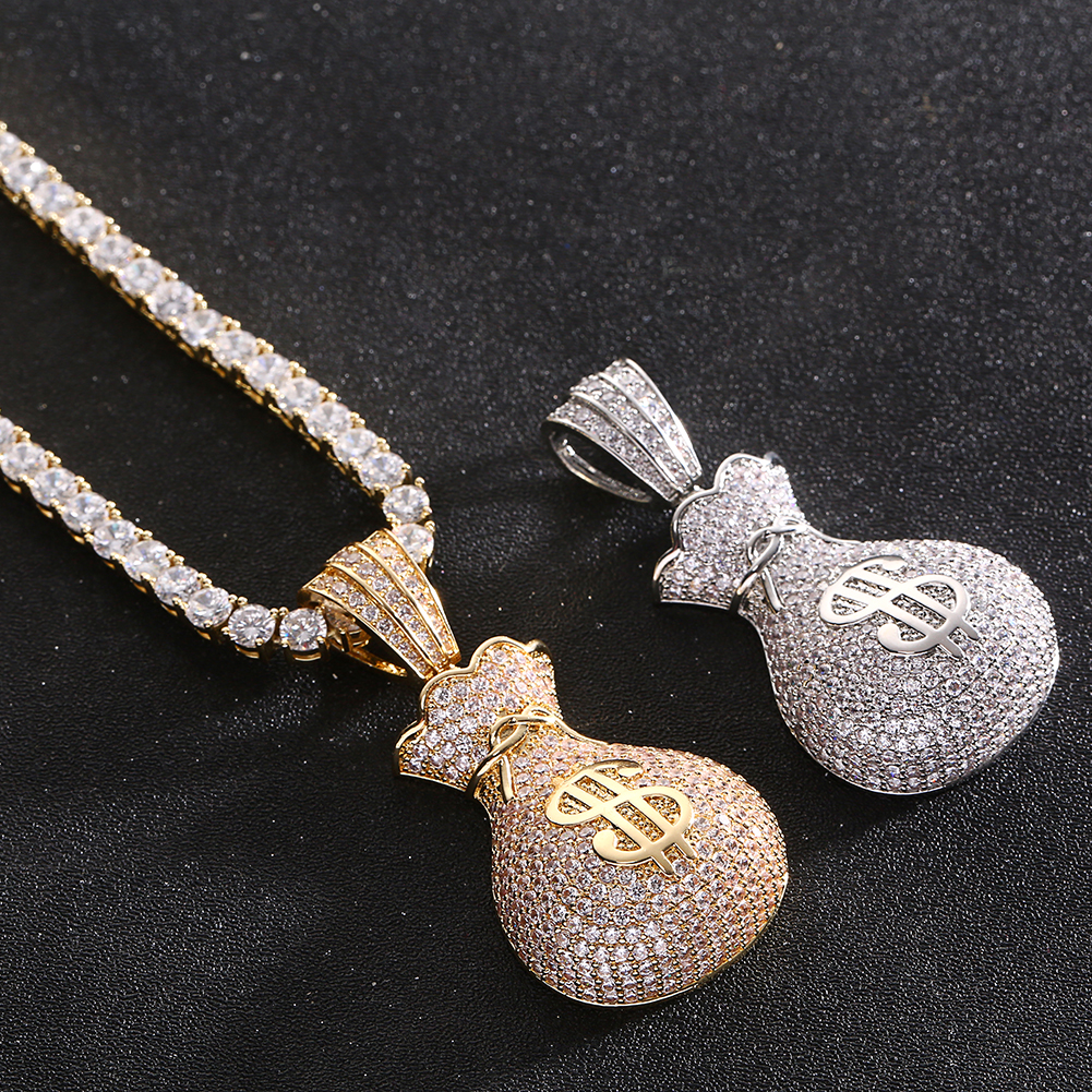New Dollar Bag Pendant With Tennis Chain Gold Color Cubic Zircon Men's Hip hop Necklace Women Jewelry For Fashion
New Dollar Bag Pendant With Tennis Chain Gold Color Cubic Zircon Men's Hip hop Necklace Women Jewelry For Fashion