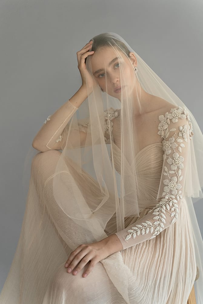 Newest A Line Chana Marelus Wedding Dresses Long Sleeve Tulle Lace Hand Made Flower Ruched Wedding Gowns Floor Length robe de mariée