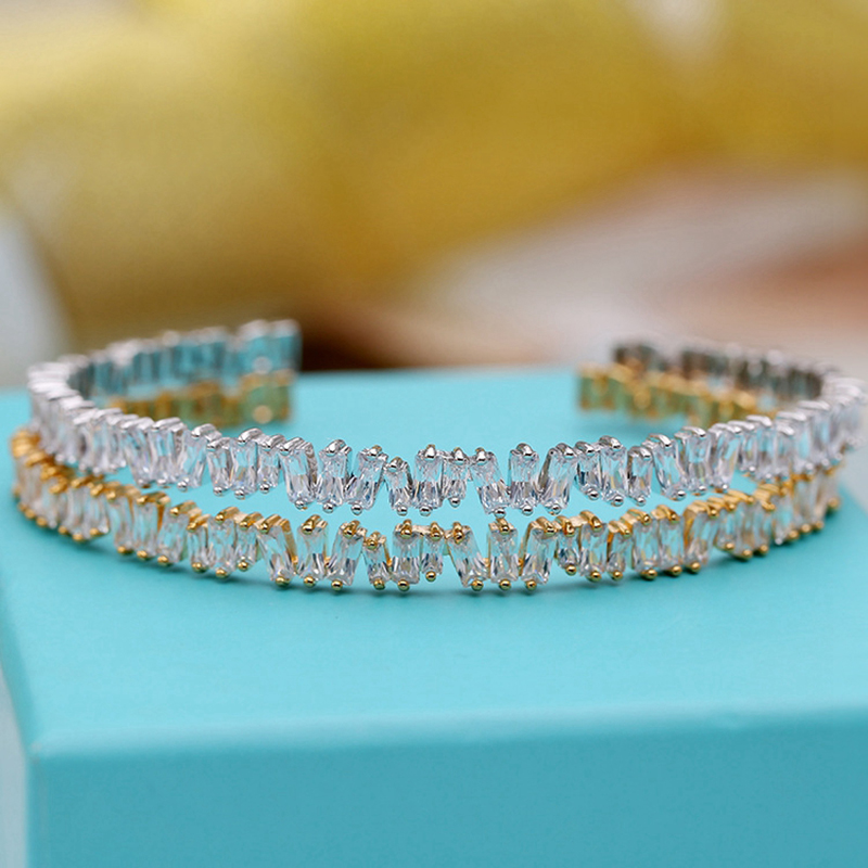 Shiny Crystal Cubic Zircon Cuff Bangle Platinum Plated Bracelets Women Girl Gift Marriage Engagement Party Jewelry