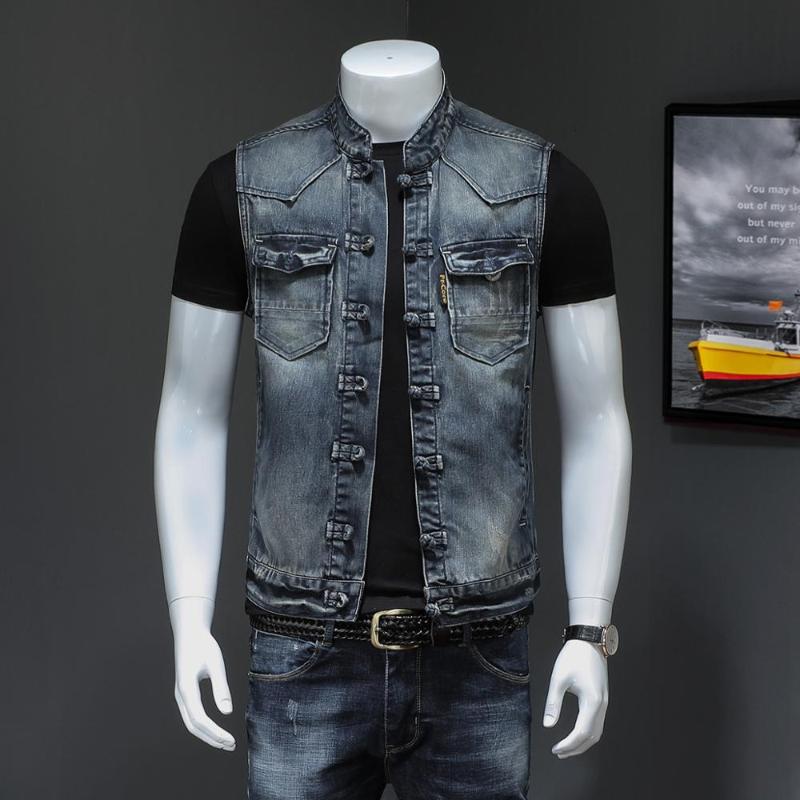 Chinese Style Mens Denim Vest Vintage Casual Slim Sleeveless Jean Jacket Retro Button Design Spring Summer Waistcaot For Men, Blue
Chinese Style Mens Denim Vest Vintage Casual Slim Sleeveless Jean Jacket Retro Button Design Spring Summer Waistcaot For Men, Blue