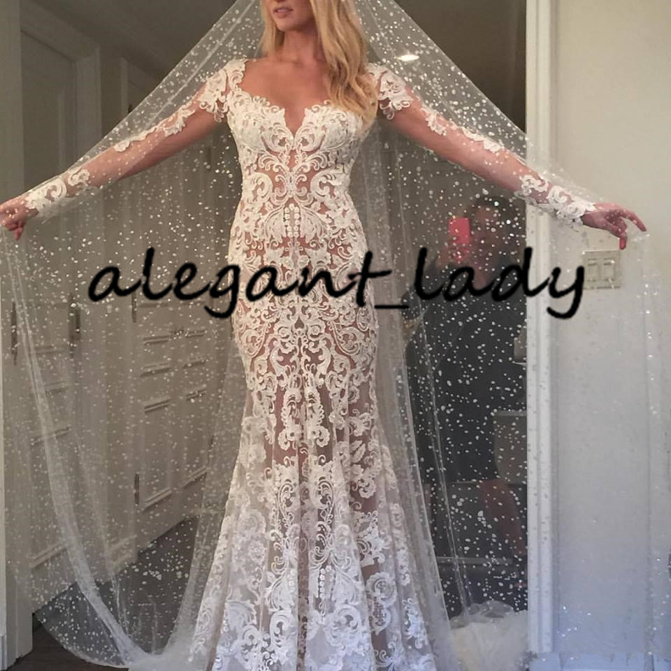 Illusion Long Sleeve Wedding Dresses 2020 Berta Lace Applique Covered Buttons Chapel Train Countryside Garden Bride Reception Dress