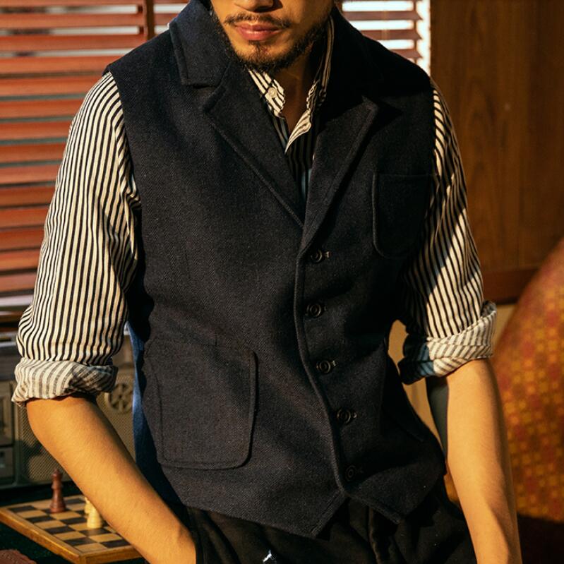2020 Bristish Casual Groom Vests Peaked Lapel Dark Brown Wool Herringbone Tweed Groomsmen Attire Mens Suit Prom Wedding Waistcoat Dress 12