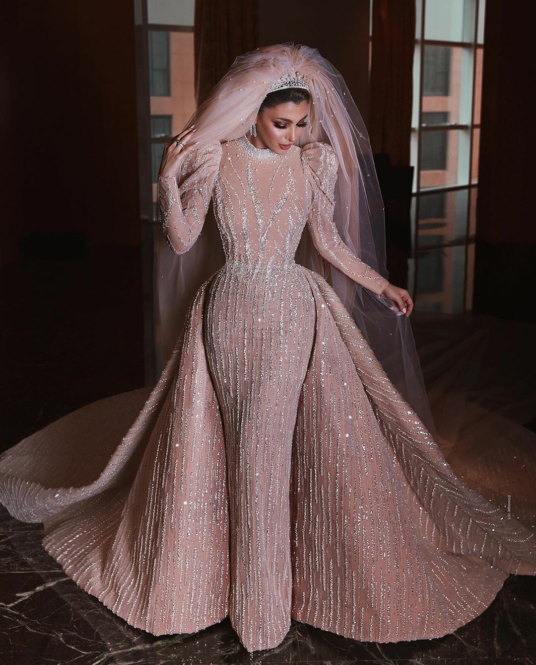 arabic beading mermaid wedding dresses with detachable train long sleeves crystal wedding gowns luxurious robes de marie