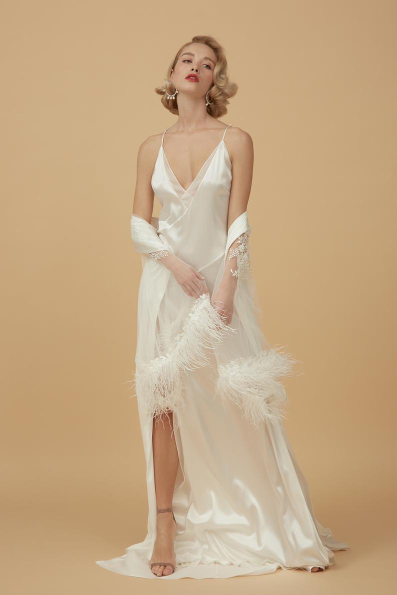 sexy wedding robes with wrap spaghetti appliqued feather highsplit two piece night gown for women sweep train custom made pajamas sleepwear