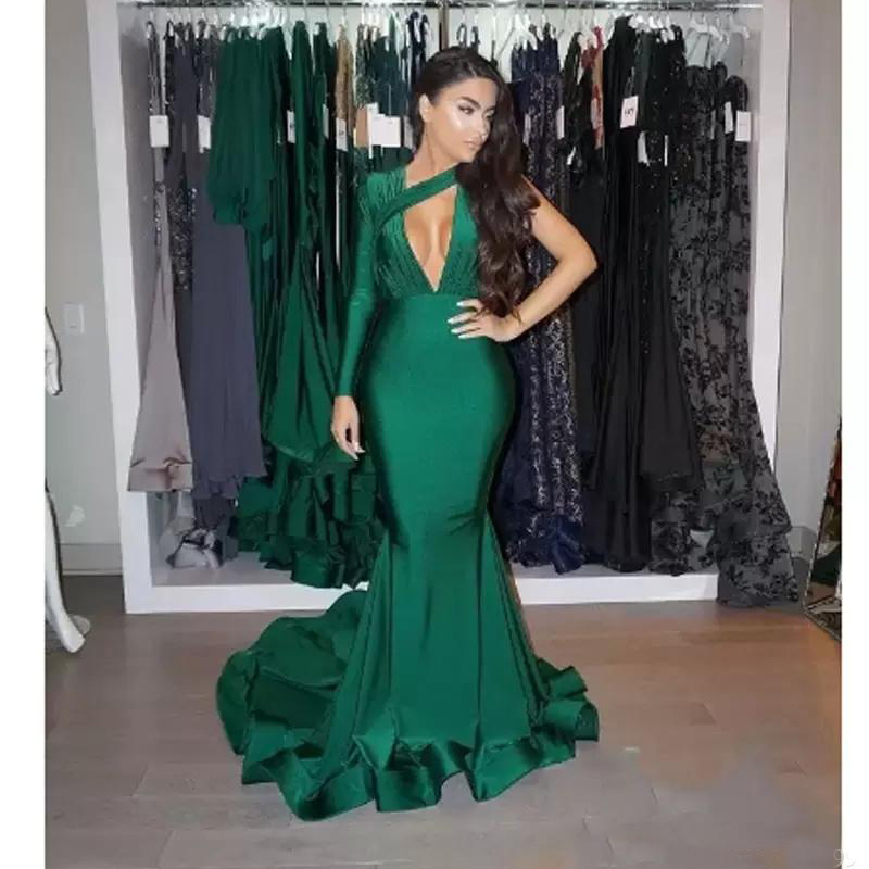 2019 emerald green long sleeves evening dresses mermaid chic one shoulder floor length simple arabic formal celebrity Gowns prom gowns cheap