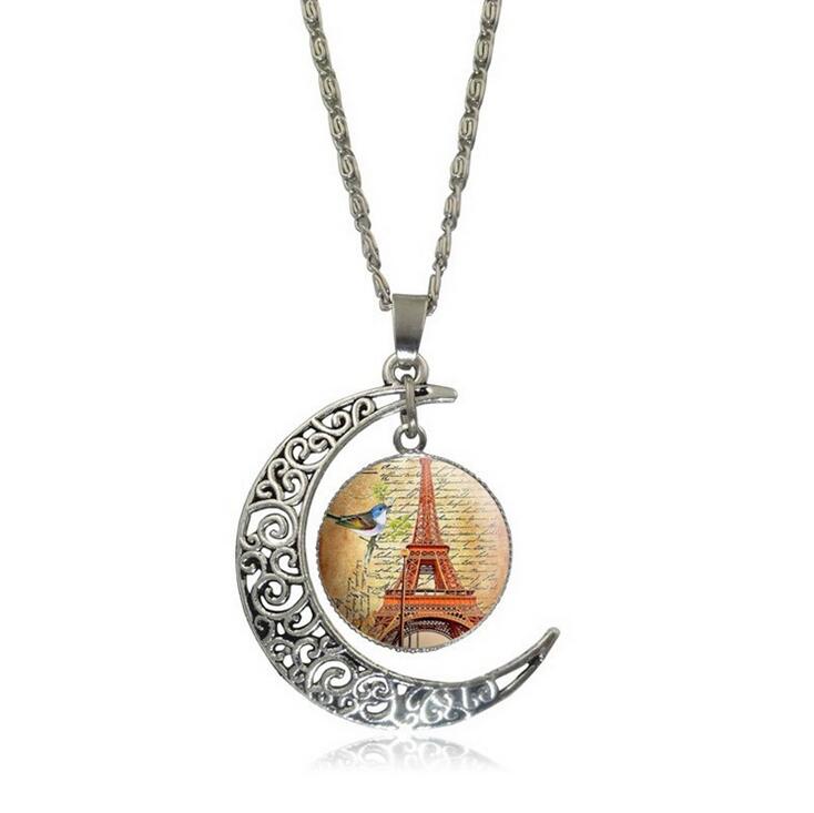 Openwork carved moon Eiffel Tower time gemstone necklace DJN173 mix order Pendant Necklaces jewelry