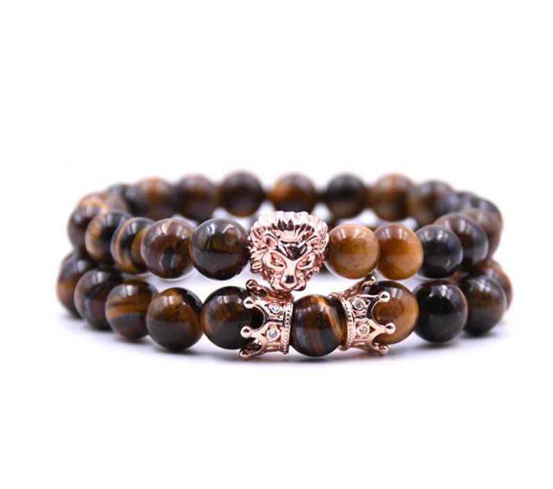 2pcs set black micro inlay double crown copper lion head bracelet men and women couple friendship bracelet