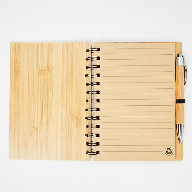 Wood Bamboo Cover Notebook Spiral Notepad With Pen 70 Sheets Recycled lined Paper