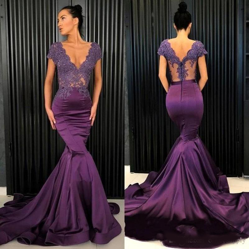 Grape Vintage Mermaid Prom Dresses 2020 Sexy Illusion Bodice V-neck Zipper Applique Evening Party Gowns Custom