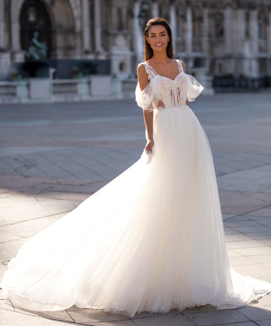 A Line Romantic Beaded Backless Wedding Dresses Appliqued Off The Shoulder Bridal Gowns Tulle Sweep Train Robe De Marie ppliqued