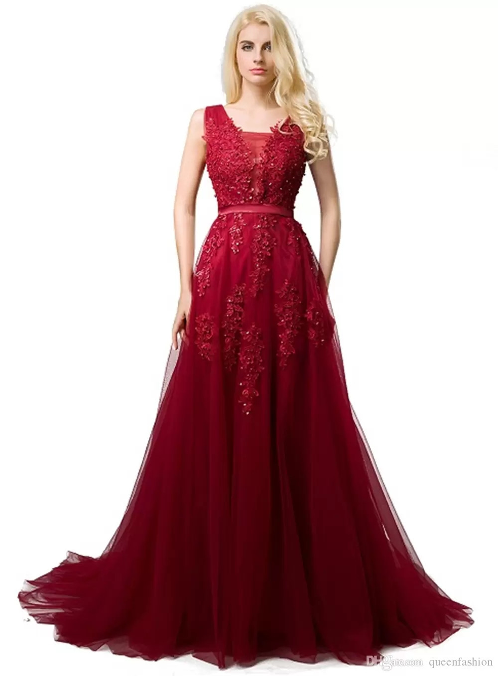 2021 Real Burgundy Prom Dresses V Neck Sleeveless A Line Floor Length Appliques Lace With Pearl Soft Tulle Evening Graduation Dresses