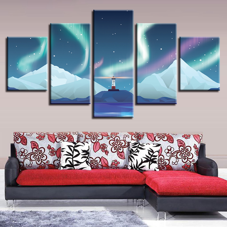 Wall Art Canvas HD Prints Pictures 5 Pieces Iceland Lighthouse Aurora Scenery Poster Anime Abstract Paintings Home Decor(No Frame)