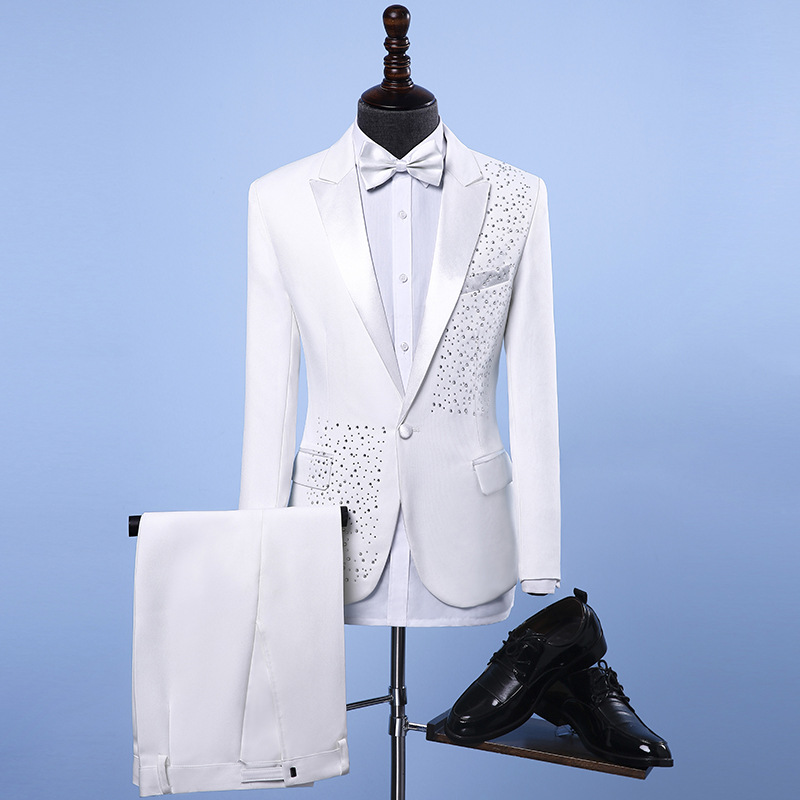 New Design Rhinestone Wedding Tuxedos Mens Slim Fit One Button Pants Suits Groom Wear 2 piece Formal Blazer In Stock