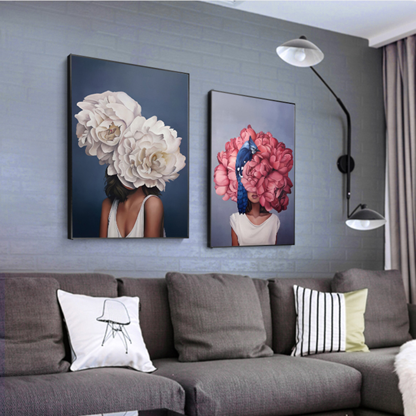 Big flower fashion woman High Quality Printed Canvas Painting Wall Art Prints Poster Living room decor
