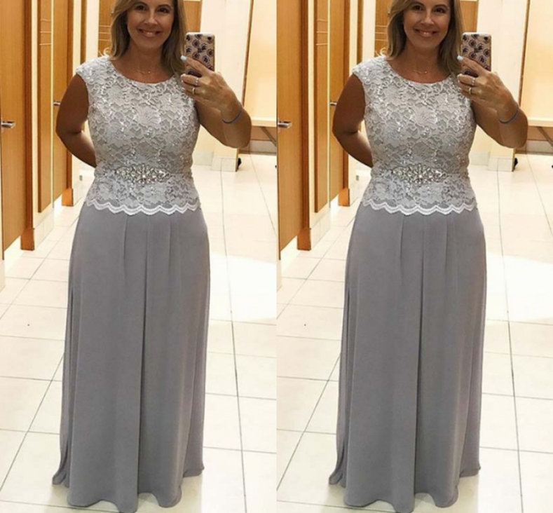 2020 Newest Elegant Plus size Silver A-Line Chiffon Long Mother Dresses With Crystal Sash Formal Evening Prom Gowns