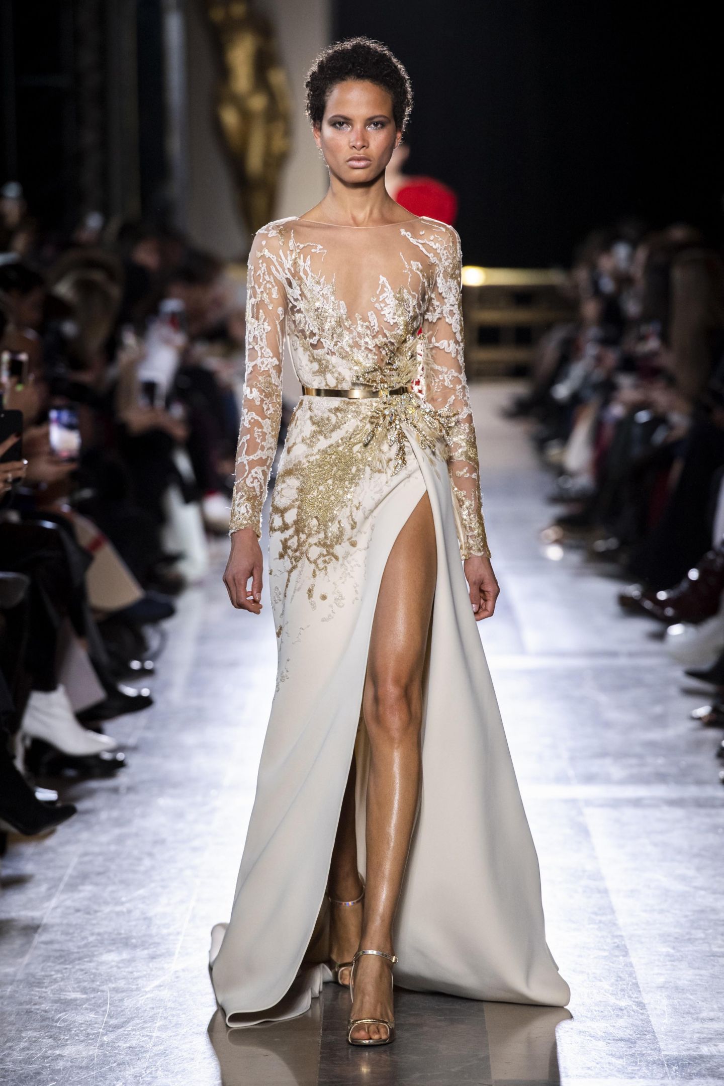 Ellie Saab Mermaid Backless Evening Dresses Sheer Bateau Neck Long Sleeves Prom Gown Lace Appliqued Sweep Train Formal Dress