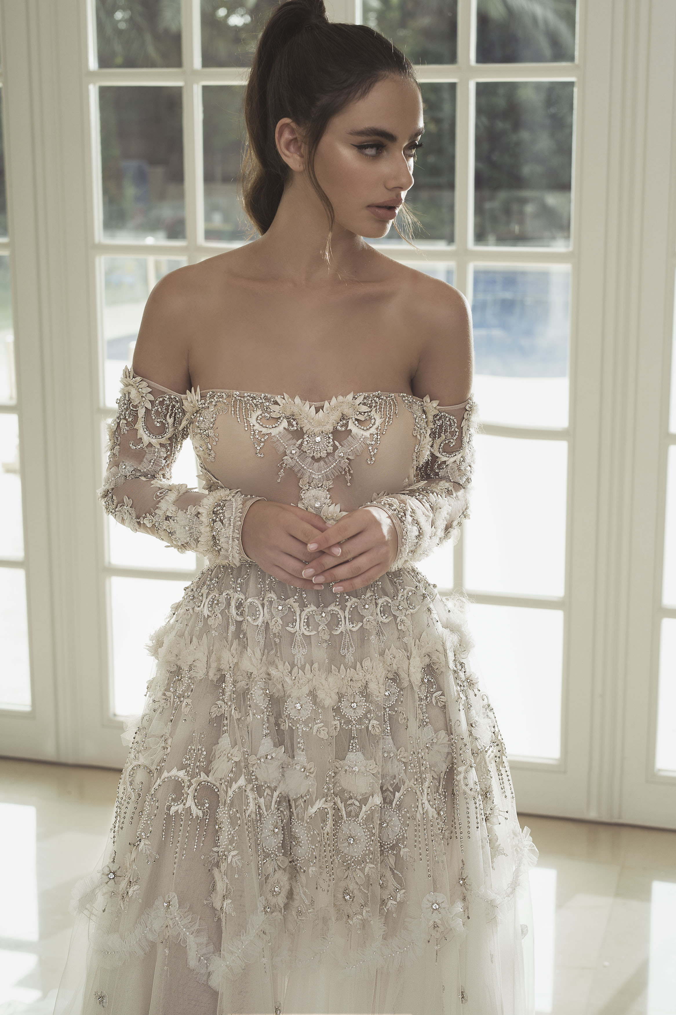 Idan Cohen Lace Wedding Dresses Off The Shoulder A Line Sweep Train Bohemian Wedding Dress Custom Made 3D Floral Appliqued Bead Bridal Gowns
