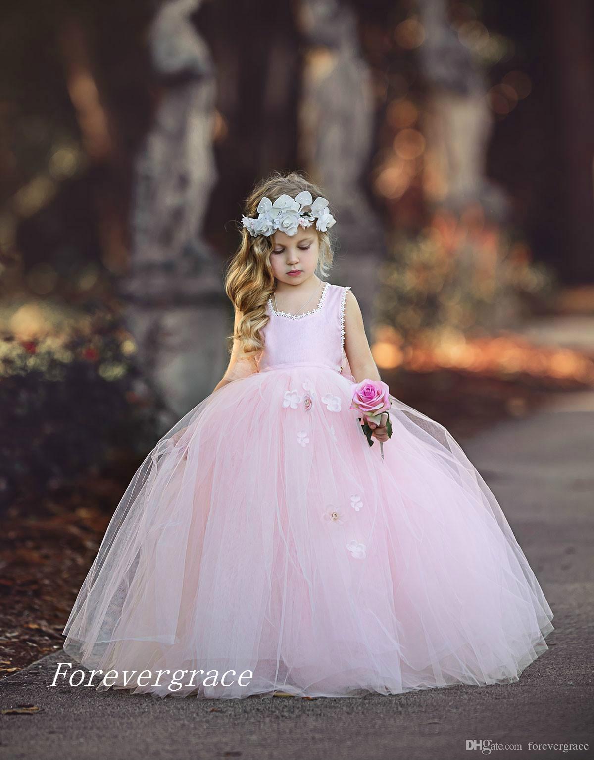 2019 Puffy Tulle Floor Length Cute Princess Girl's Pageant Dress Vintage Blush Pink Arabic Party Flower Girl Pretty Dress For Little Ki