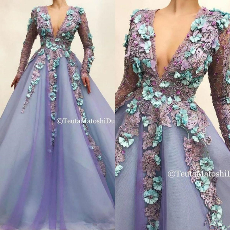 Lavender Lilac Long Sleeve Evening Pageant Dresses 2020 V-neck Lace 3D Floral African Arabic Formal Occasion Prom Wear Gowns
