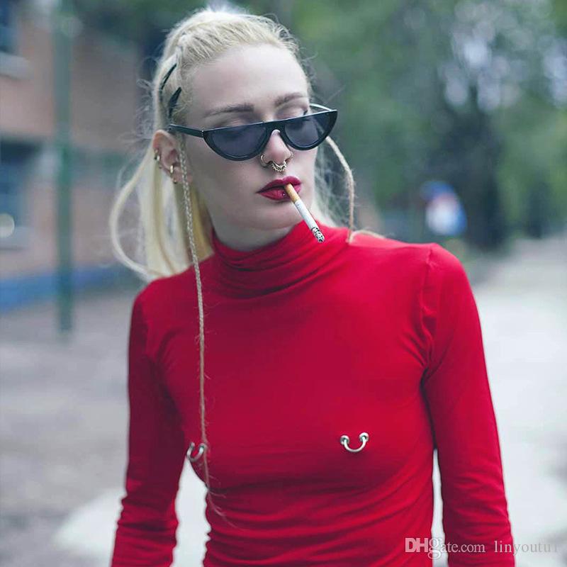 2020 Turtleneck Skinny Hanging Ring Decoration Tops Autumn Women Slim Elastic Long Sleeve T-Shirt Solid Streetwear Pullovers