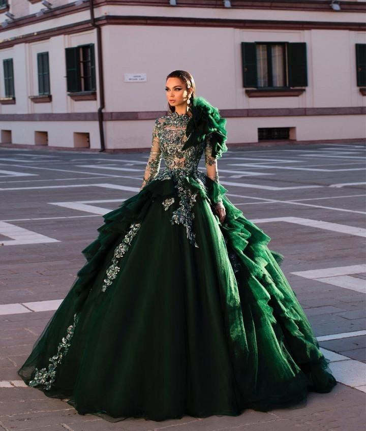 arabic dark green prom dresses high neck lace 3d floral appliques long sleeve evening dress a line floor length robes de soire