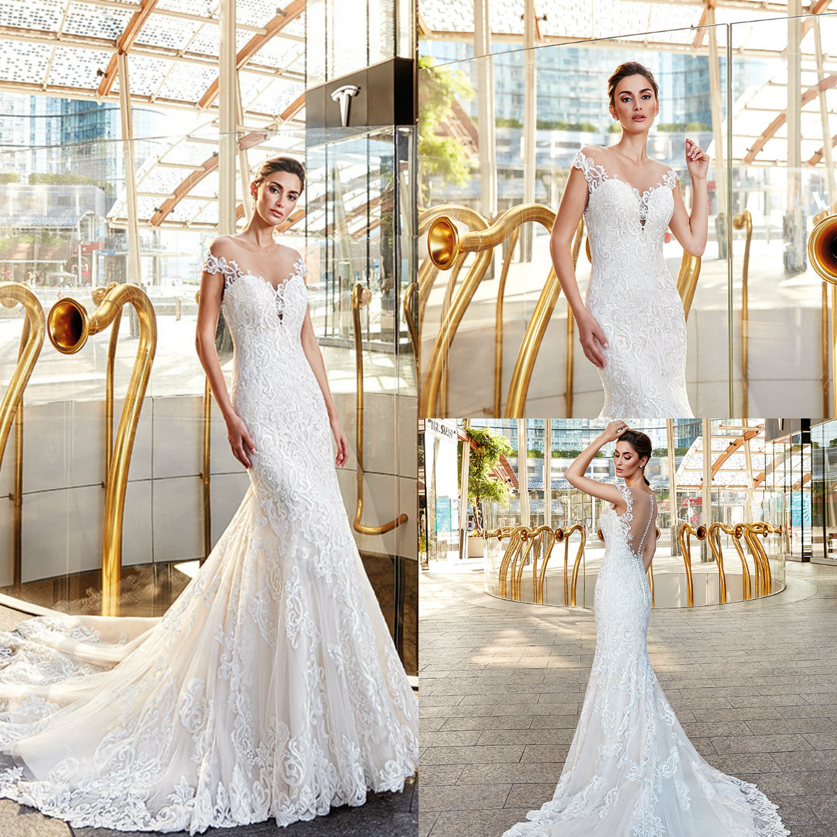 Eddy K Latest Mermaid Wedding Dresses Lace Applique Sheer Neck Sweep Train Bridal Gowns Covered Button Custom Made Wedding Dress