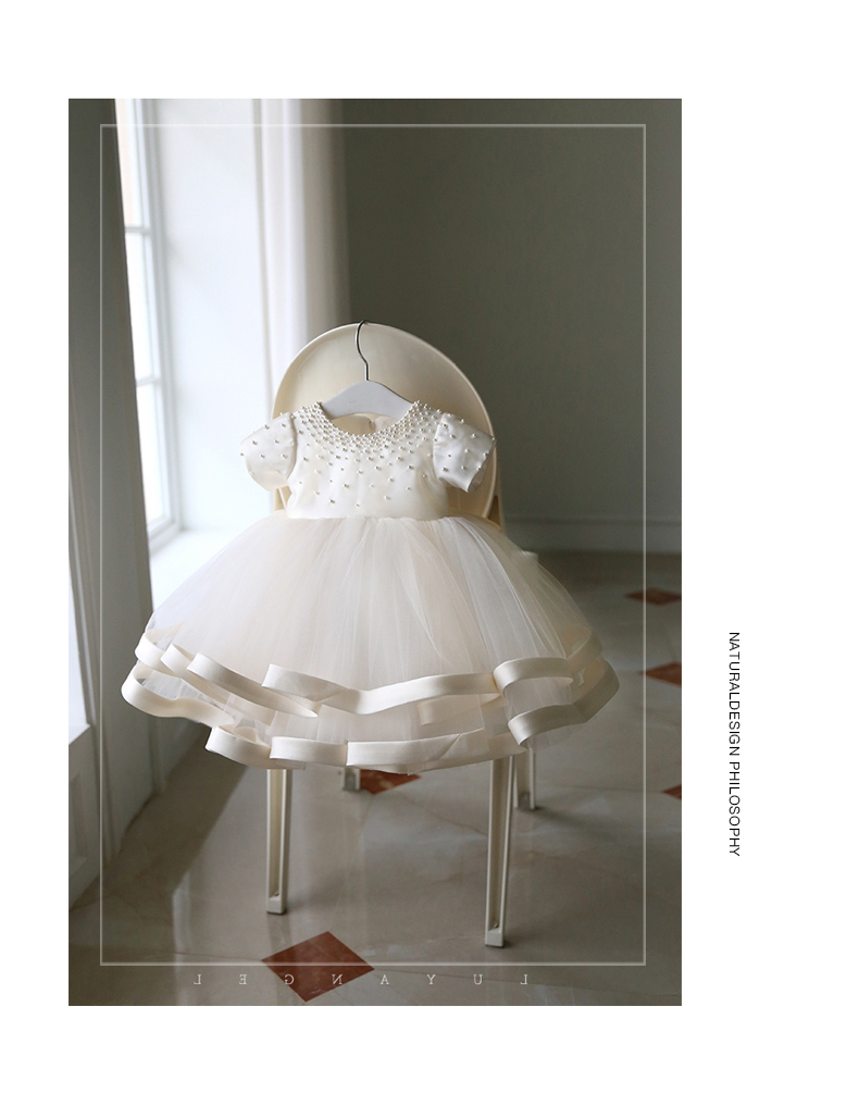 Beaded Baby Girl Dresses Newborn 1st Birthday Dress Layered Tulle Bow Little Girl Party Dress Infant Baptism Christening Gown
