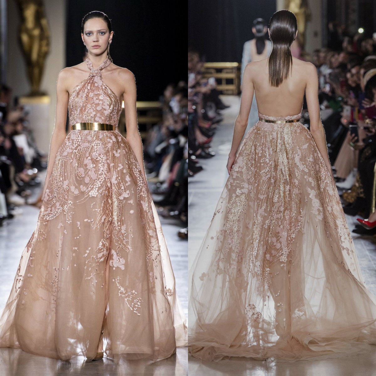 Elie Saab 2020 Evening Dresses Halter Lace Appliques Sexy Backless A Line Prom Dress Designer Sweep Train Custom Made Formal Gowns