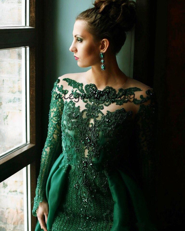 Emerald Green Occasion Evening Wear Gowns with Overskirt 2019 Full Lace Applique Beaded Long Sleeve Prom Dresses with Detachable Train